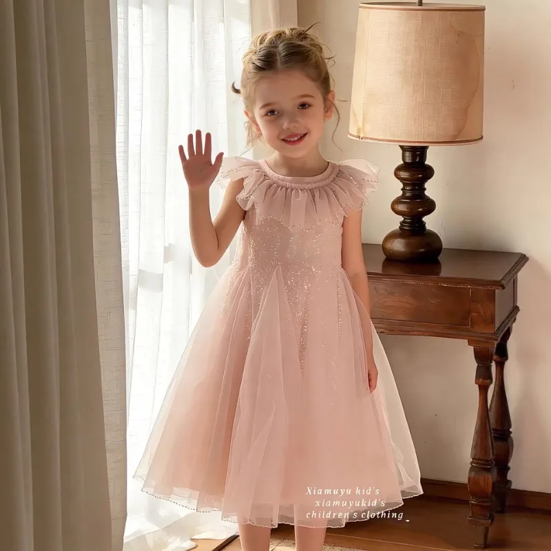 

2026 Summer Light Luxury Girls Dress Fly Sleeve Sequined Princess Dress Children's Birthday Banquet Piano Performance Clothes