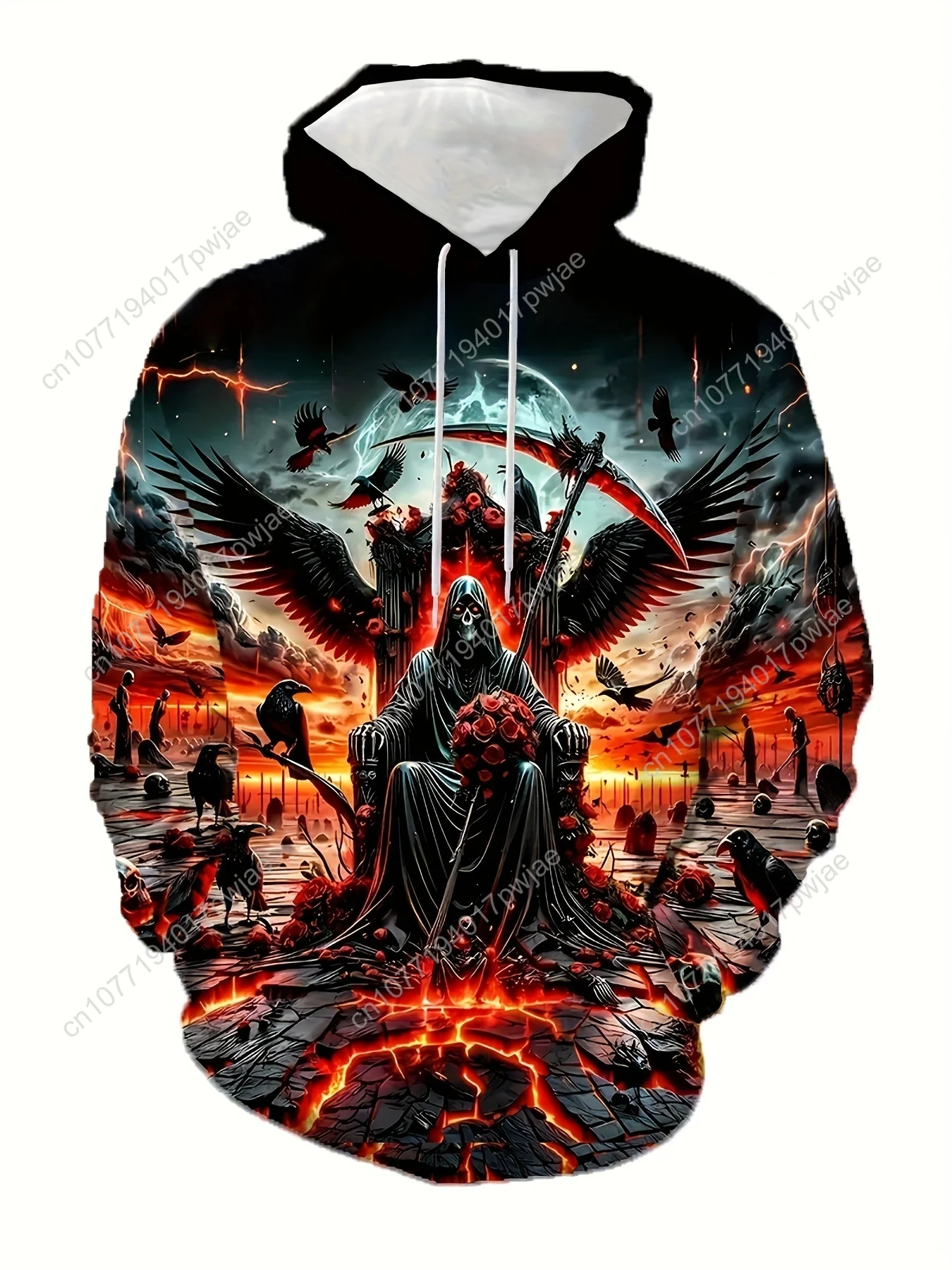 Moletom casual plus size com estampa 3D Grim Reaper – pulôver com bolso canguru, capuz com cordão para outono e inverno