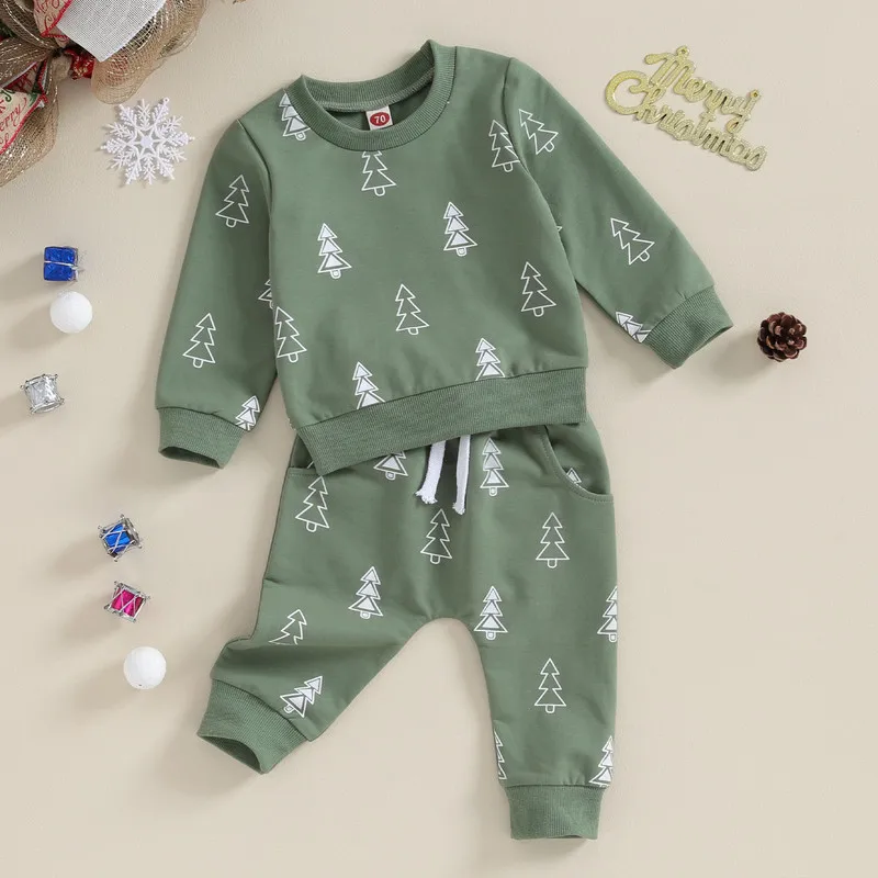 RUEWEY Christmas Baby Boy Pant Sets Christmas Tree Print Long Sleeve Sweatshirt Tops and Bottom Sets Baby Items Clothing