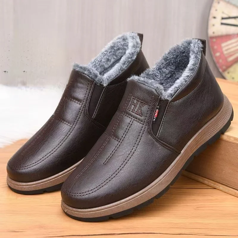 

Winter New Men Leather Waterproof Low Top Cotton Shoes Thicken Plush Keep Warm Soft Sole Non Slip Round Toe Slip On Elderly Shoe