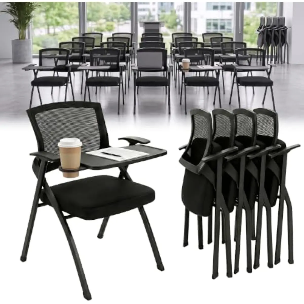 2 Pack Compact Folding Conference Chairs with Integrated Swivel Writing Surface and Built-in Cup Holder – Steel Frame Support up