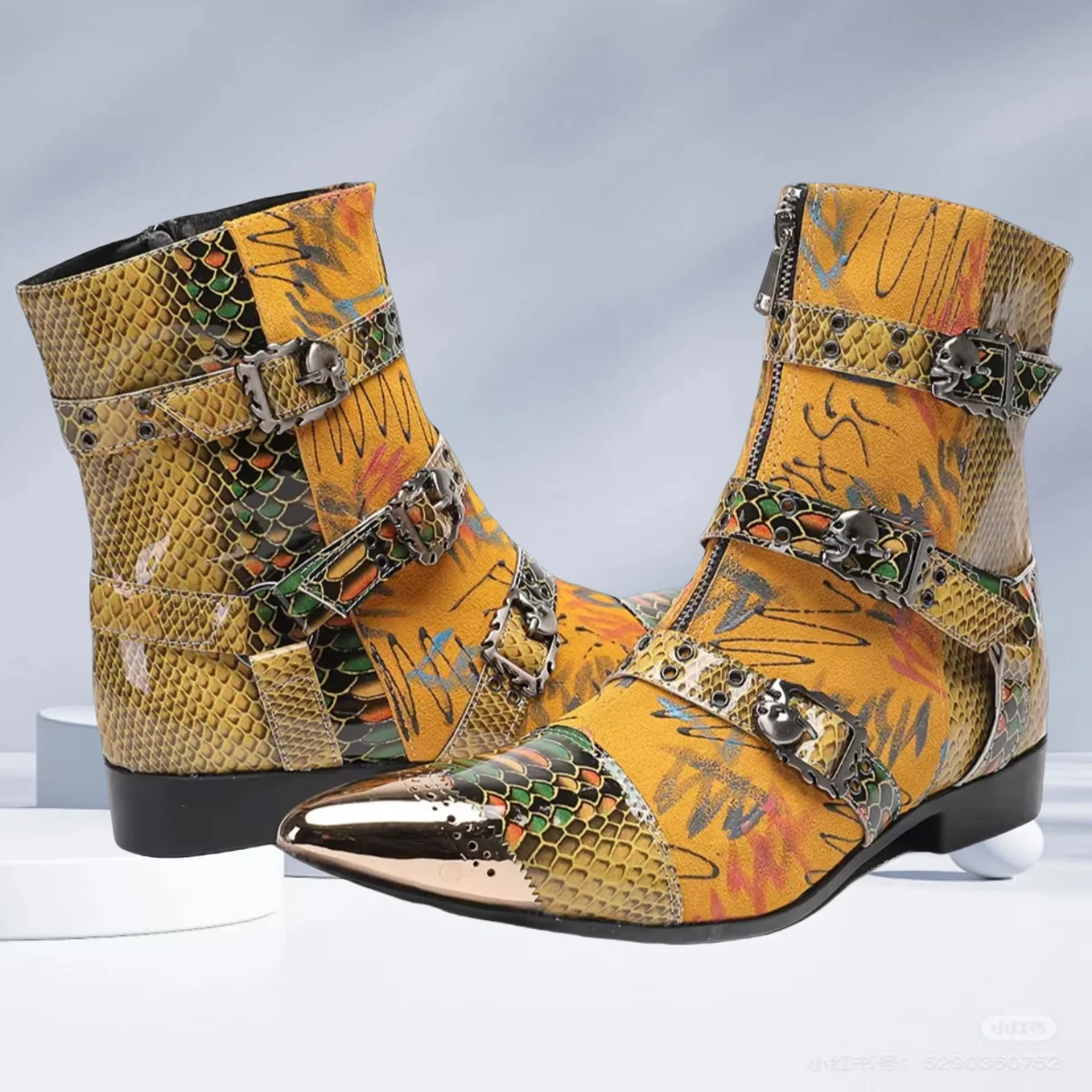 Mixed Color Yellow Print 3 Buckle Straps Short Boots For Men Shoes Botas Para Hombre Gold Metal Toe Zapatos Oxfords Sapatos