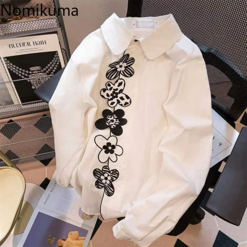 

Nomikuma Blusas Para Mujer Spring Autumn Flower Embroidery Loose Shirts for Women Elegant Retro Fashion Casual Camisas De Mujer