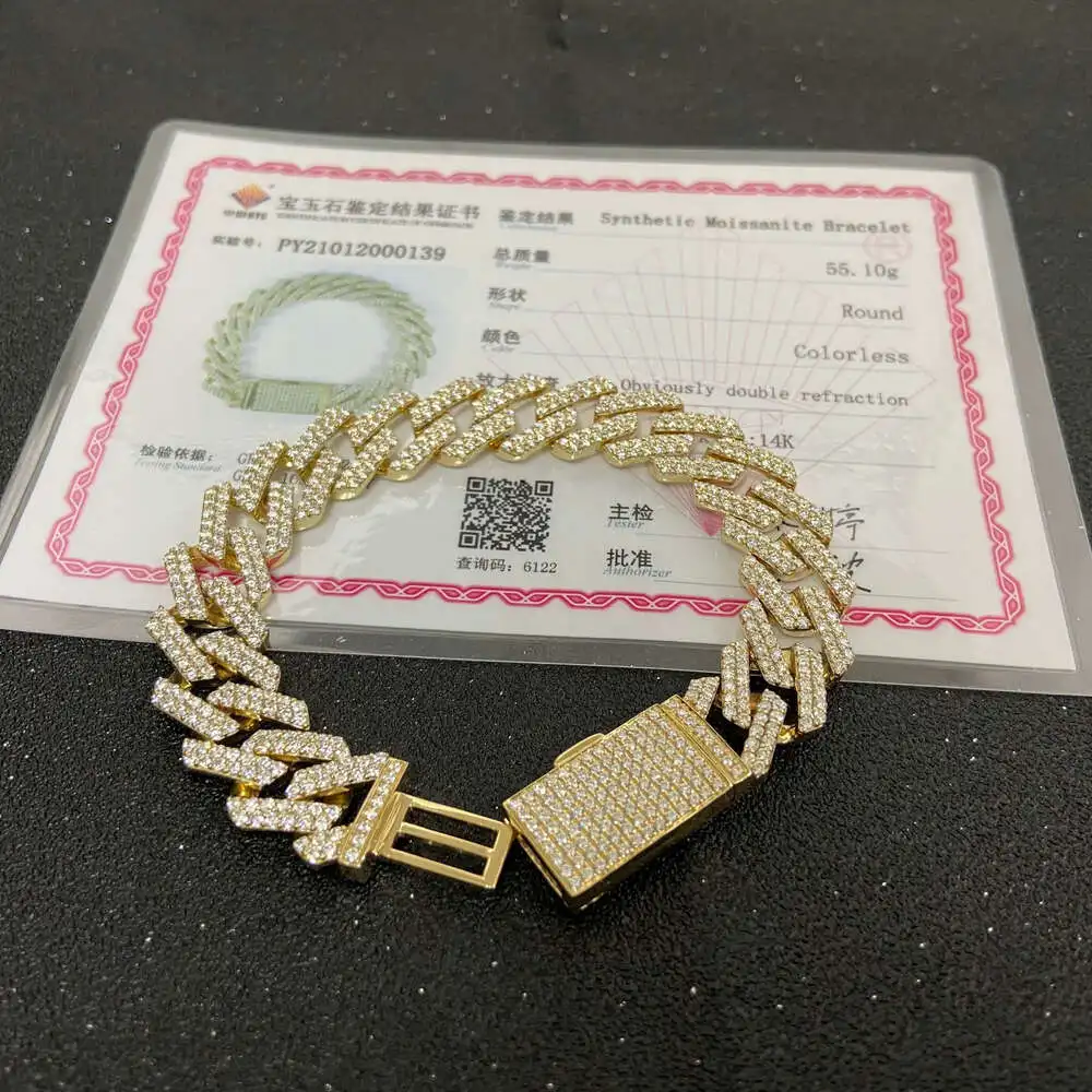 

Customized 2021 Hip Hop Jewelry 14k Yellow Real Solid Gold Cuban Chain Bracelet Moissanite Diamond Vvs d Color