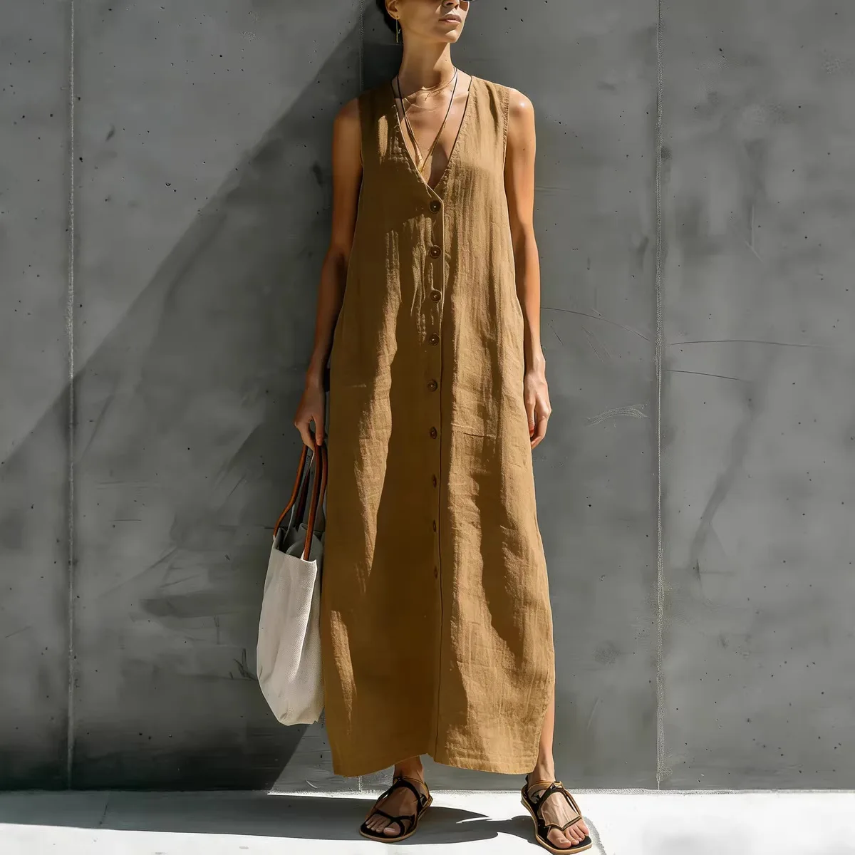 2026 New Womens Minimalist V Neck Button Sleeveless Loose Long Dress Temperament Solid Color Long Skirt