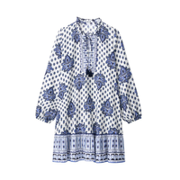 BM&MD&ZASummer New Women's Printed Long Sleeve V-Neck Temperament Loose Simple Tassel Decorated Short Dress