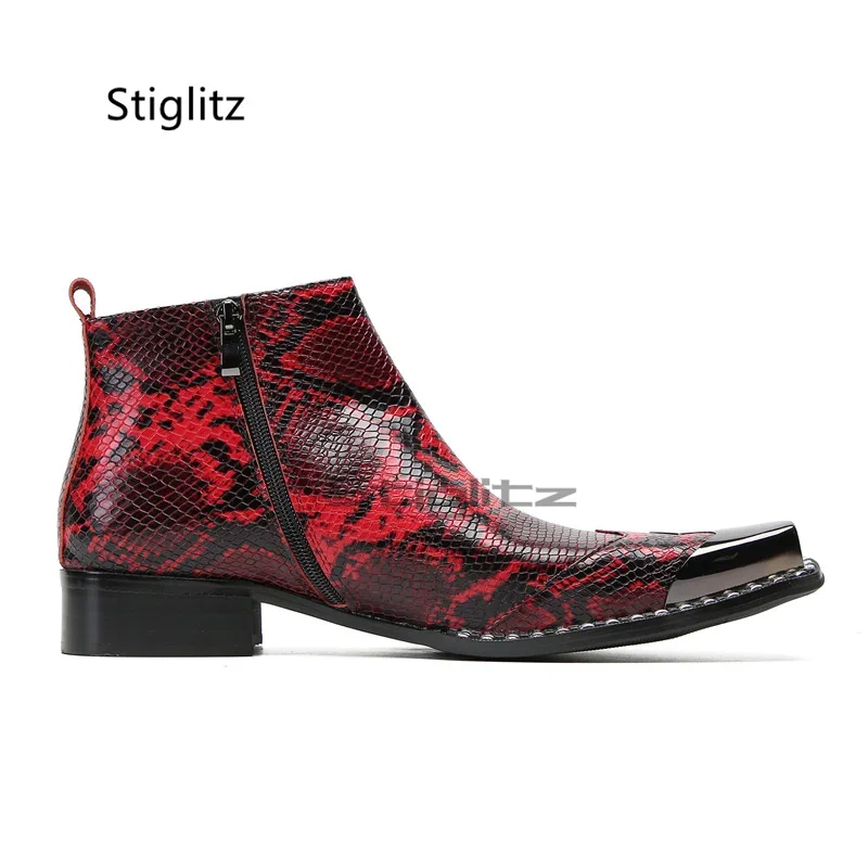

Red Business Chelsea Boots Men's Snakeskin Cowhide Metal Square Toe High-Tops Formal Male Boots Genuine Leather Ankle Boots