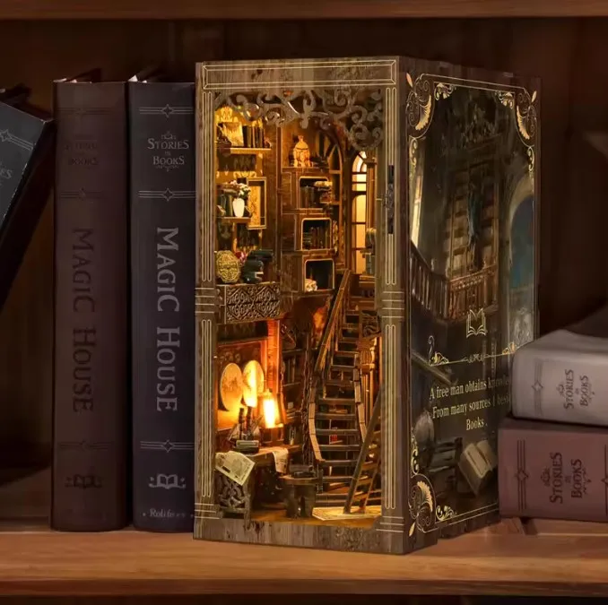 DIY Wooden House Book Nook Kit Wooden 3D Puzzle Bookshelf Insert Decor Dollhouse Model Bookend Building Home Decoration Gifts