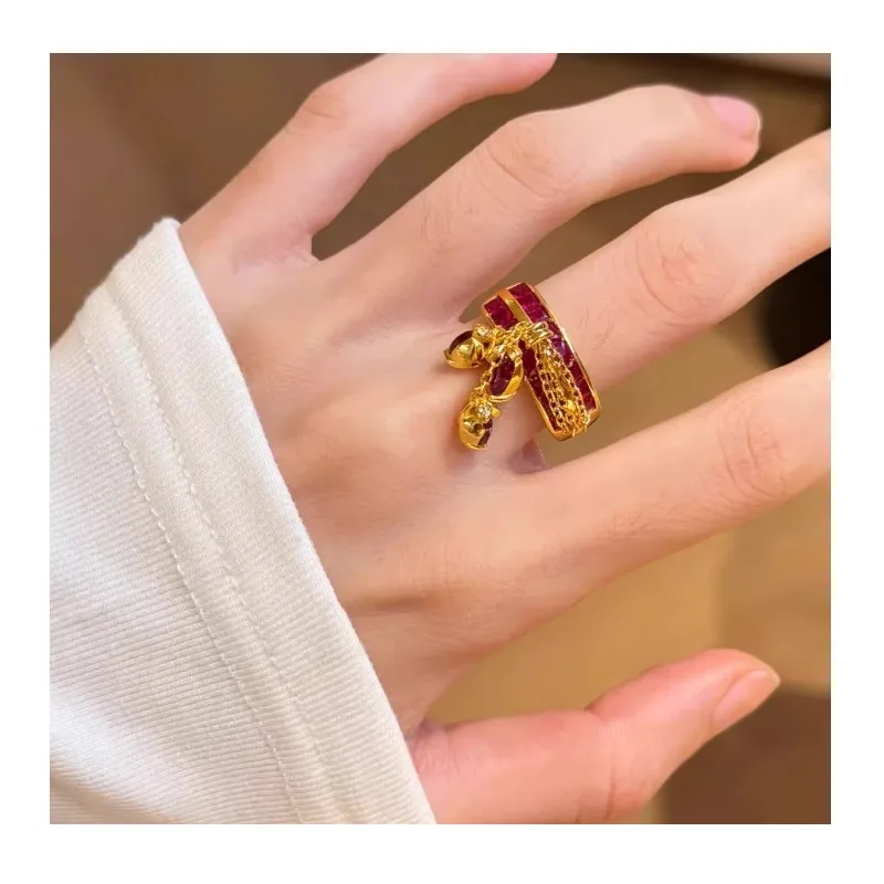 

New Chinese Ruby Full Diamond Zipper Ring New Year's Premium Temperament Fashion Versatile Light Luxury Ring Index Finger Ring