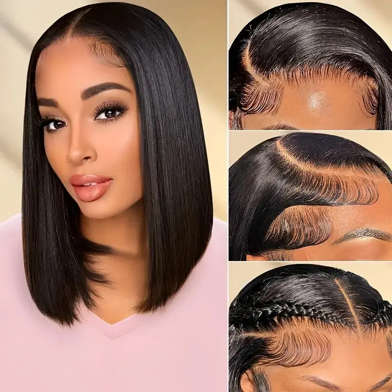 Perruque Bob Lace Front Wig naturelle lisse noire, cheveux humains, 13x6, 13x4, pour femmes