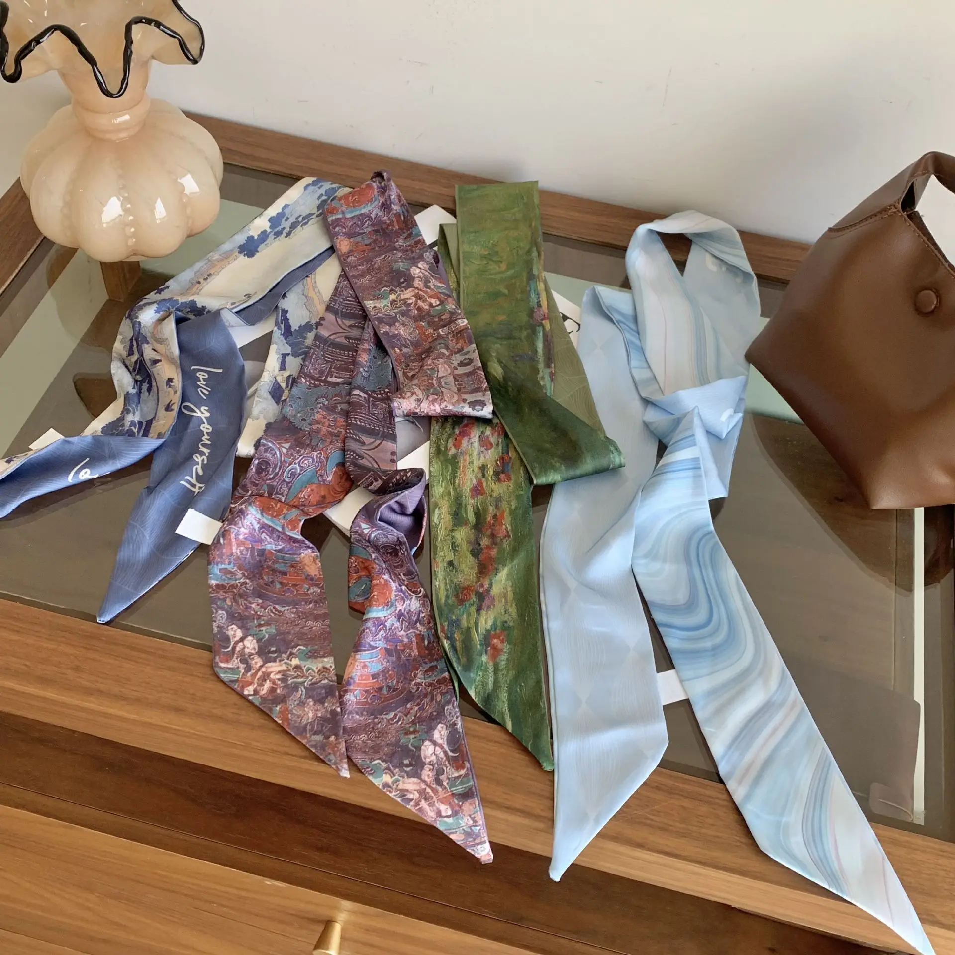 

4Colors Narrow Long Silk Scarf Mountain Paint Elegant Ribbon for Hair Bandanna Bag Handle Tie Scarf Necklace Accessory for Women