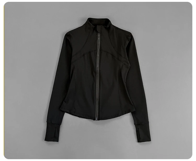 Damen Slim Fit Yoga-Jacke mit Stehkragen, Reißverschluss, Daumenlöchern, langen Ärmeln, für Laufen, Fitness und Sport. – Detail 19