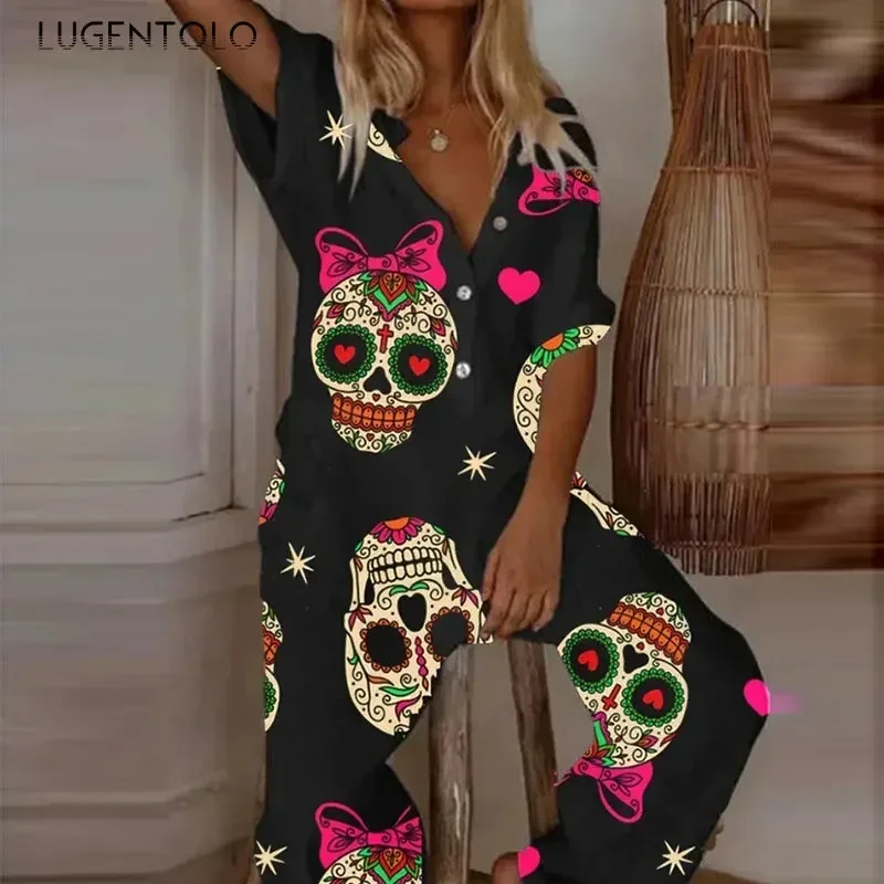 Women Skull Print Jumpsuit Fashion Short Sleeve Casual Summer Rivet Female Large Size 5XL New 2024 Loose Streetwear