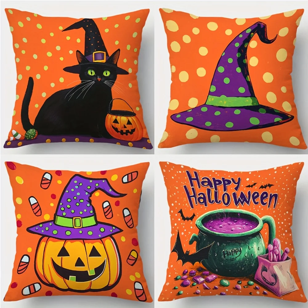 2D Flat Printed Orange Tones Pillow Covers, Black Cat Wizard Hat Pumpkin Lantern Cauldron Bats Pattern, Home Decor for Halloween