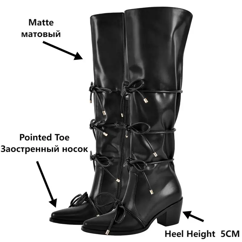 Onlymaker Women Black Matte Bow Strap Chunky Heel Knee High Boots  Big Size Comfy Women Cowboy Boots