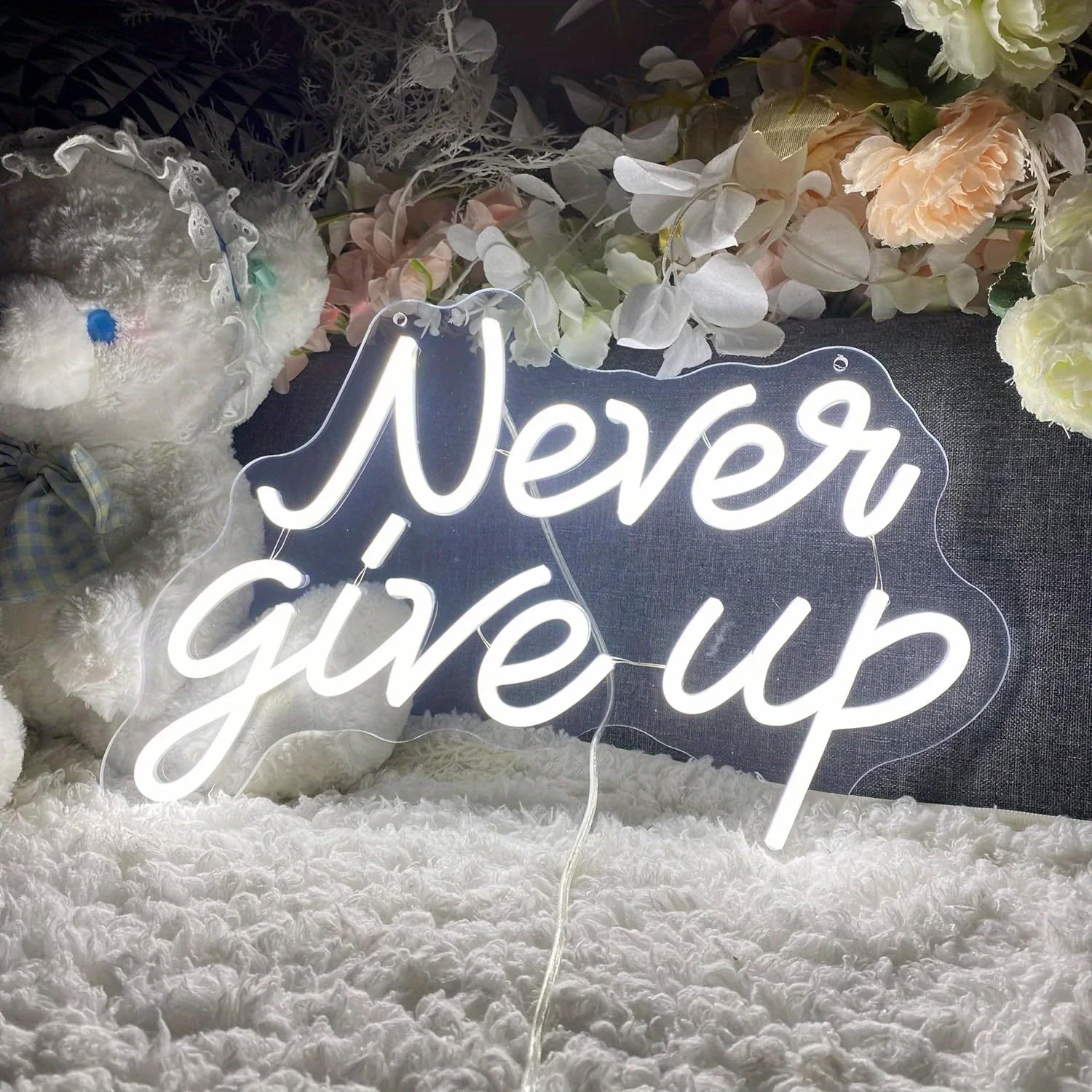 Home Decor Quotes Ideas - Never Give Up White LED Neon