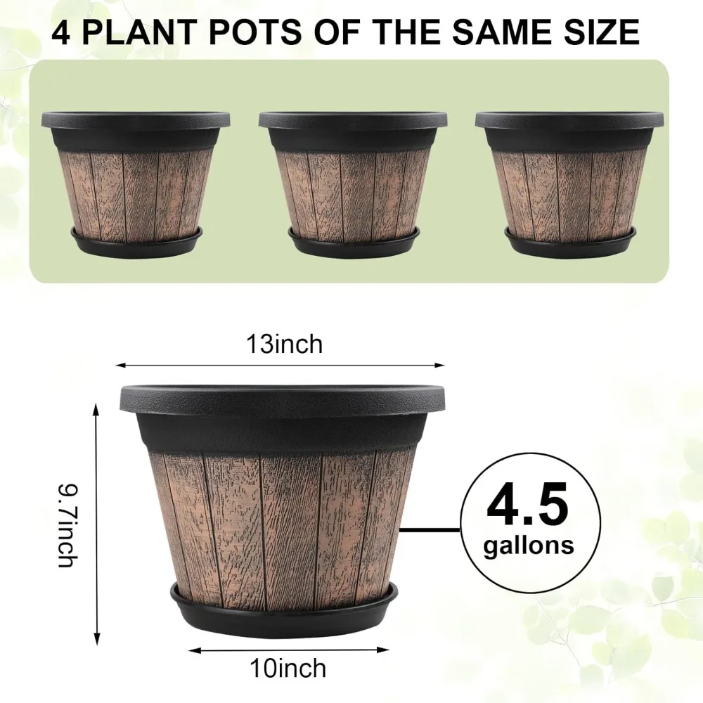 

Large 13 Inch Whiskey Barrel Planters Set of 4 with Drainage Holes - Indoor Outdoor Garden Flower Pots for Balcony Plants