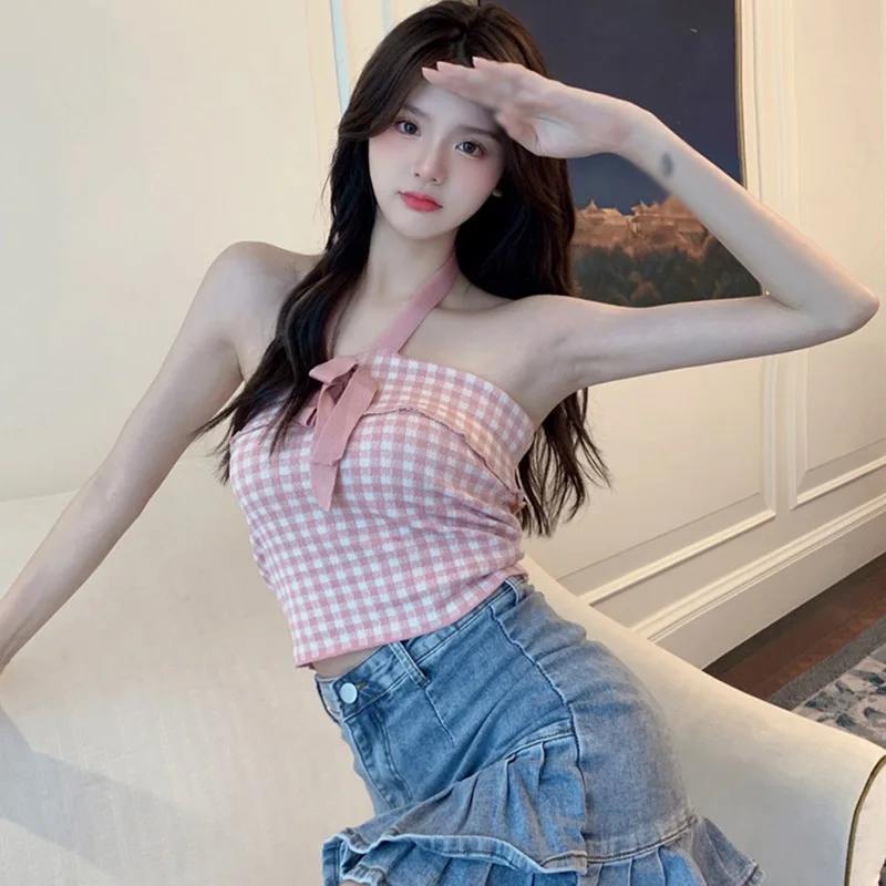 Summer Women\'s Crop Top Plaid Halter Bow Sexy Camisole Slim Fit Hot Girl Streetwear Casual Inner Wear Versatile Tank Top