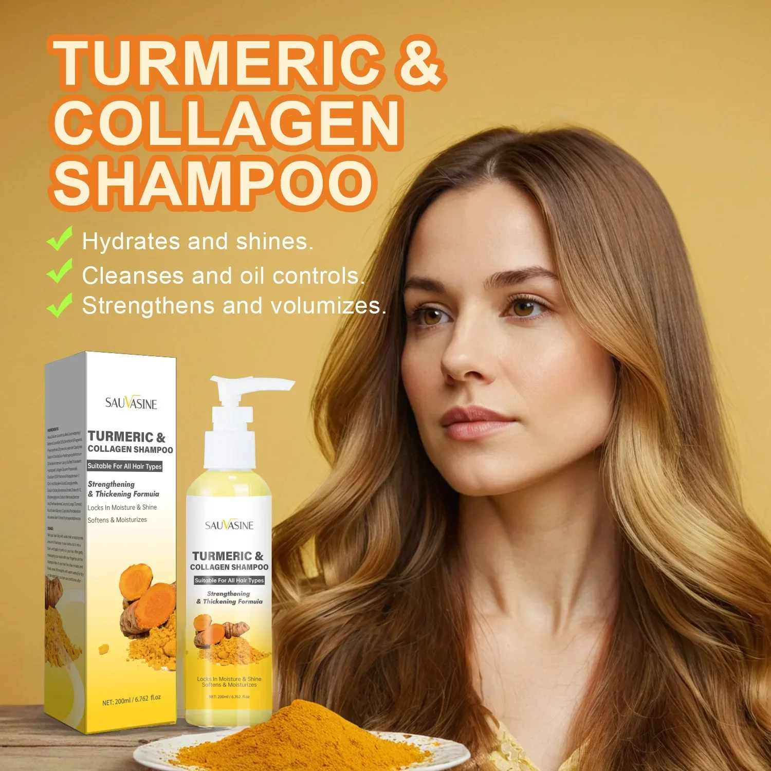 Turmeric Collagen Shampoo for Strengthening Hair Volumizing Thicken Oil Control Nourishing Shampoo Smoothing Hair Care Product