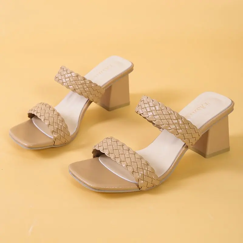 Outer Wear Fairy Wind Woven Large Size Sandals and Slippers Women\'s 2022 Summer New Thick Heels Gentle Wind High Heels Women