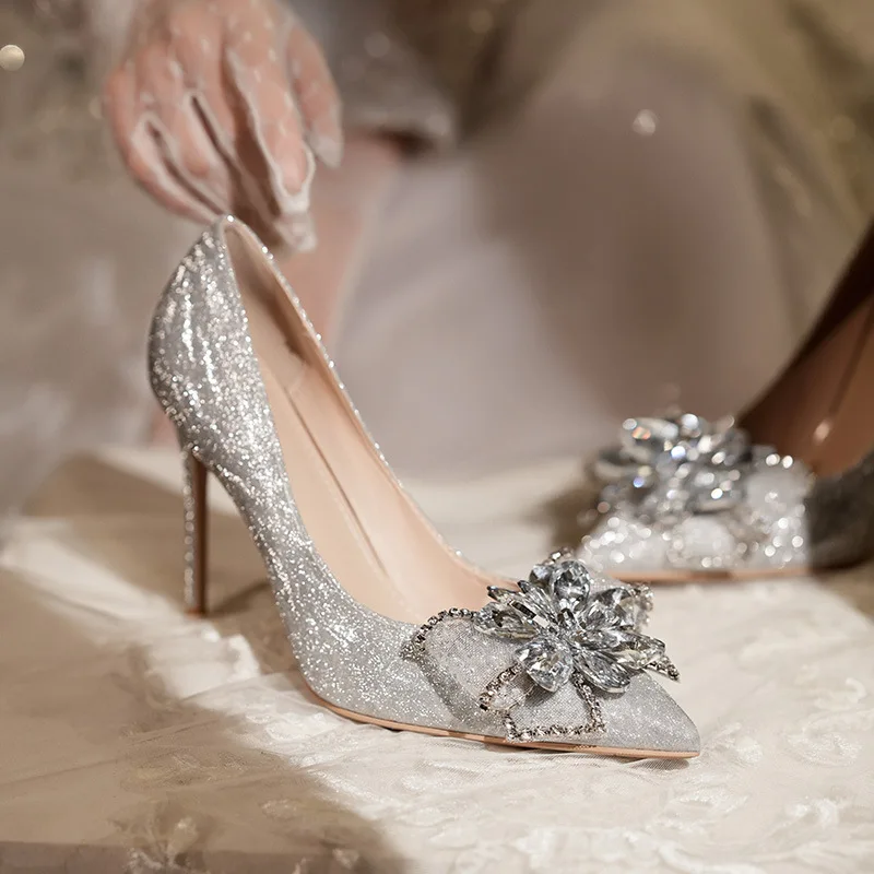 

Champagne Bride Shoes Women Wedding Shoes Thin Heel Pointed French Bridesmaid High Heels