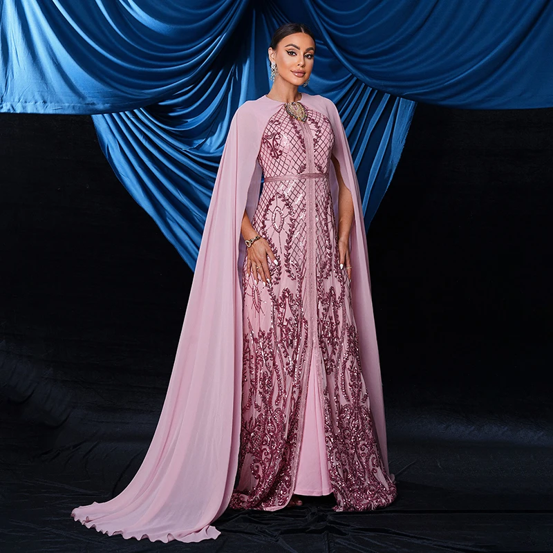 Vestidos rosa femininos manga voadora o pescoço lantejoulas ocasião formal cocktail baile de formatura festa noite longo maxi vestido 2025