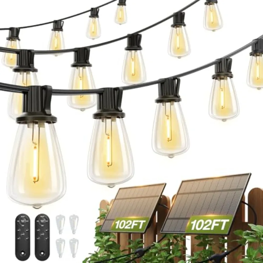 

Солнечные гирлянды 204 фута (2 шт.) и 102 фута, водонепроницаемые, для патио, на солнечной энергии, с пультом ДУ, USB-портом, 3 режима освещения, 60+4 светодиода