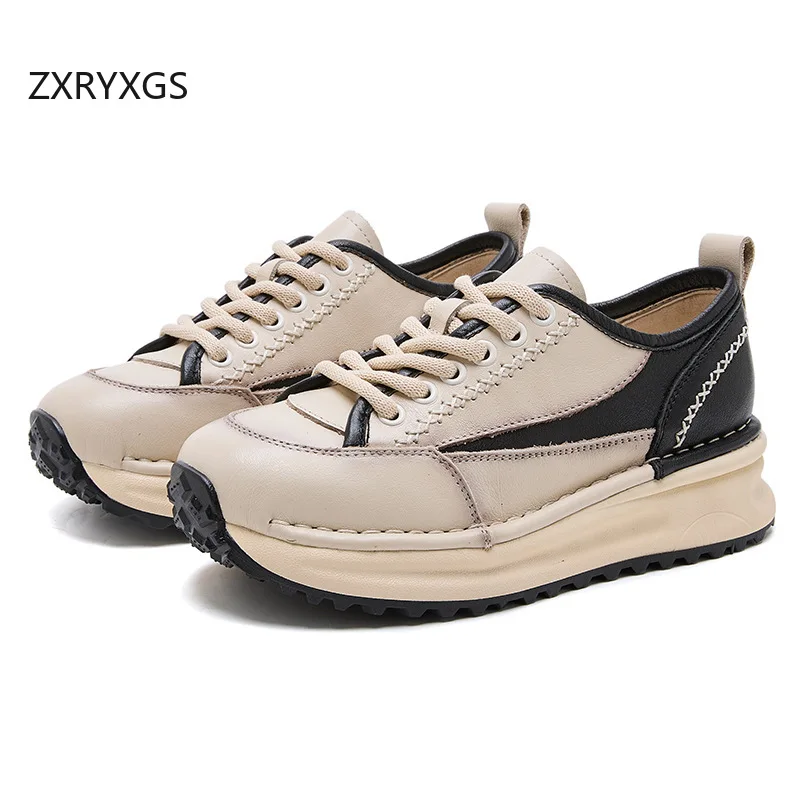 ZXRYXGS 2026 Top Layer Cowhide Spell Colors Women Fashionable Sneakers Flat Wedges Comfortable Trendy Shoes Women's Travel Shoes