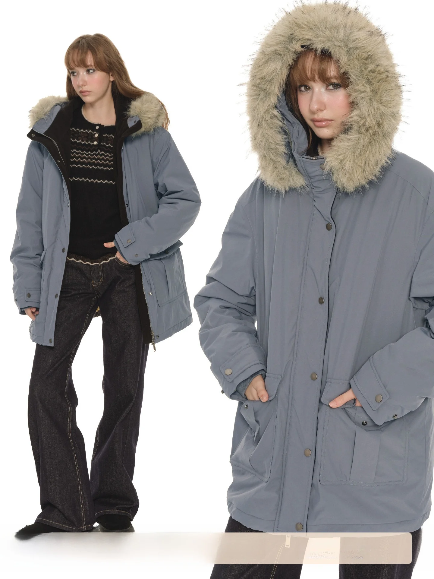 

UNRETRO Vintage Thiened Warm Cotton Jaet Women's Winter Coat with Large Fur Collar American Sle Workwear Parka