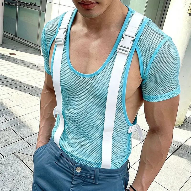 INCERUN Men's T Shirts Mesh Patchwork O-neck Short Sleeve Male Tee Tops Summer Streetwear See Through Sexy Fashion Men Clothes