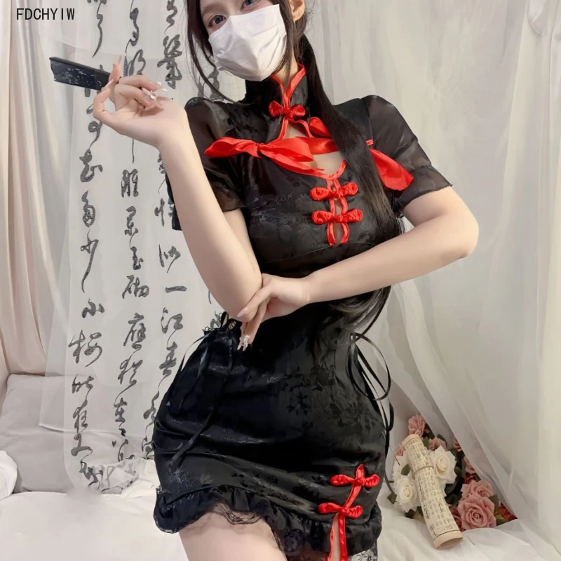 Vintage Satin Cheongsam Dress Tight Split Sexy Lingerie Chinese Improve Qipao Skirt Traditional Costume Women Adult Sex Clothing