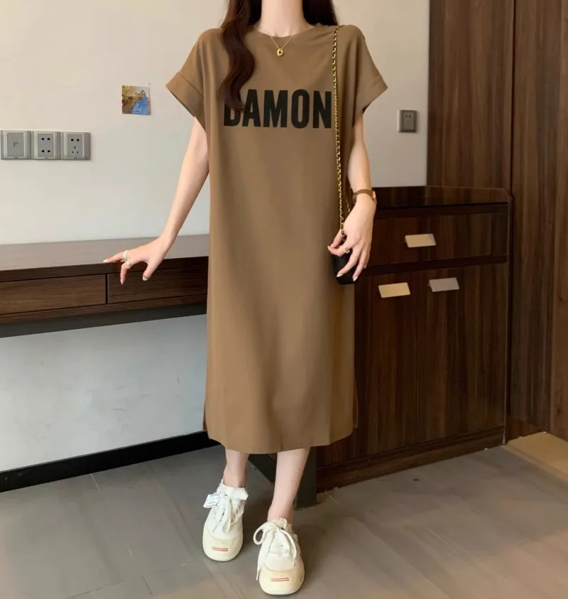 Sommer Kurzarm T-Shirt Kleid Frauen Lose Abnehmen Große Brief Drucken Casual Mid-Länge Über-Knie Fliegen hülse Kleid Trendy