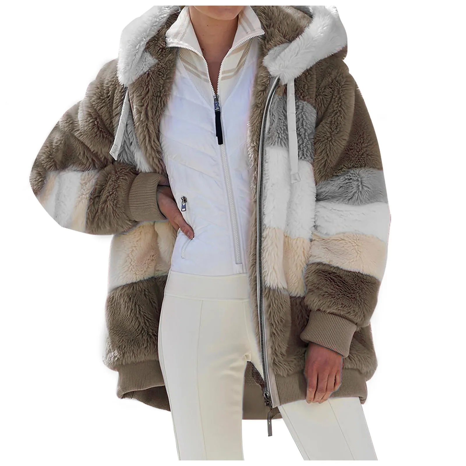 Women's Warm Plush Hooded Cardigan Jacket, Fleece Coat, Patchwork, Zipper Pocket, Loose Hoodies, Winter Outwear