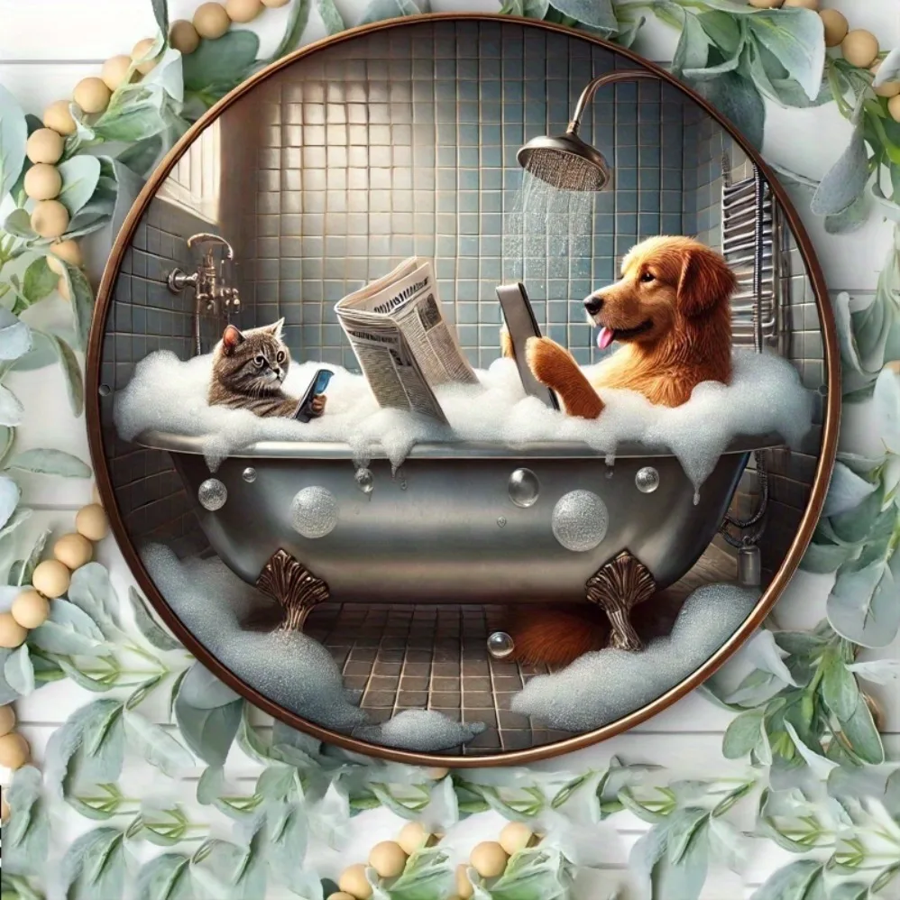 

2D Flat, Vintage Style Metal Decor with Cat & Dog Reading Newspaper, Bathtub Bubble Bath Design-Bar, Cafe, or Garage,Room Decor