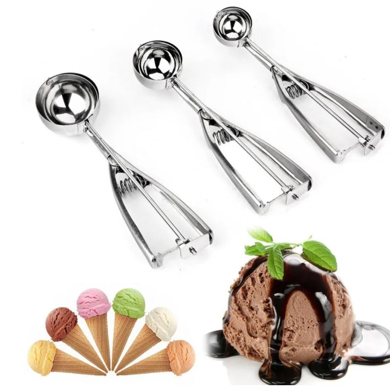 

3 Size Ice Cream Scoop Kitchen Tools Stainless Steel Spring Handle Mash Potato Watermelon Ball Scoop Home Kitchen Accessories