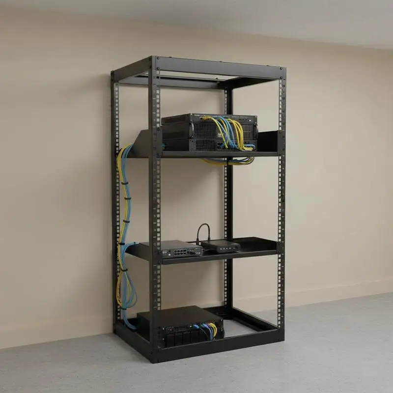 20U Open Frame Infrastructure Cabinet 23in Depth For Server Room Office Data Center Heavy Duty 4 Post Structure Vented Shelves Included Mounting Hardware Kit Floor Wall Support Networking IT AV Equipment Storage