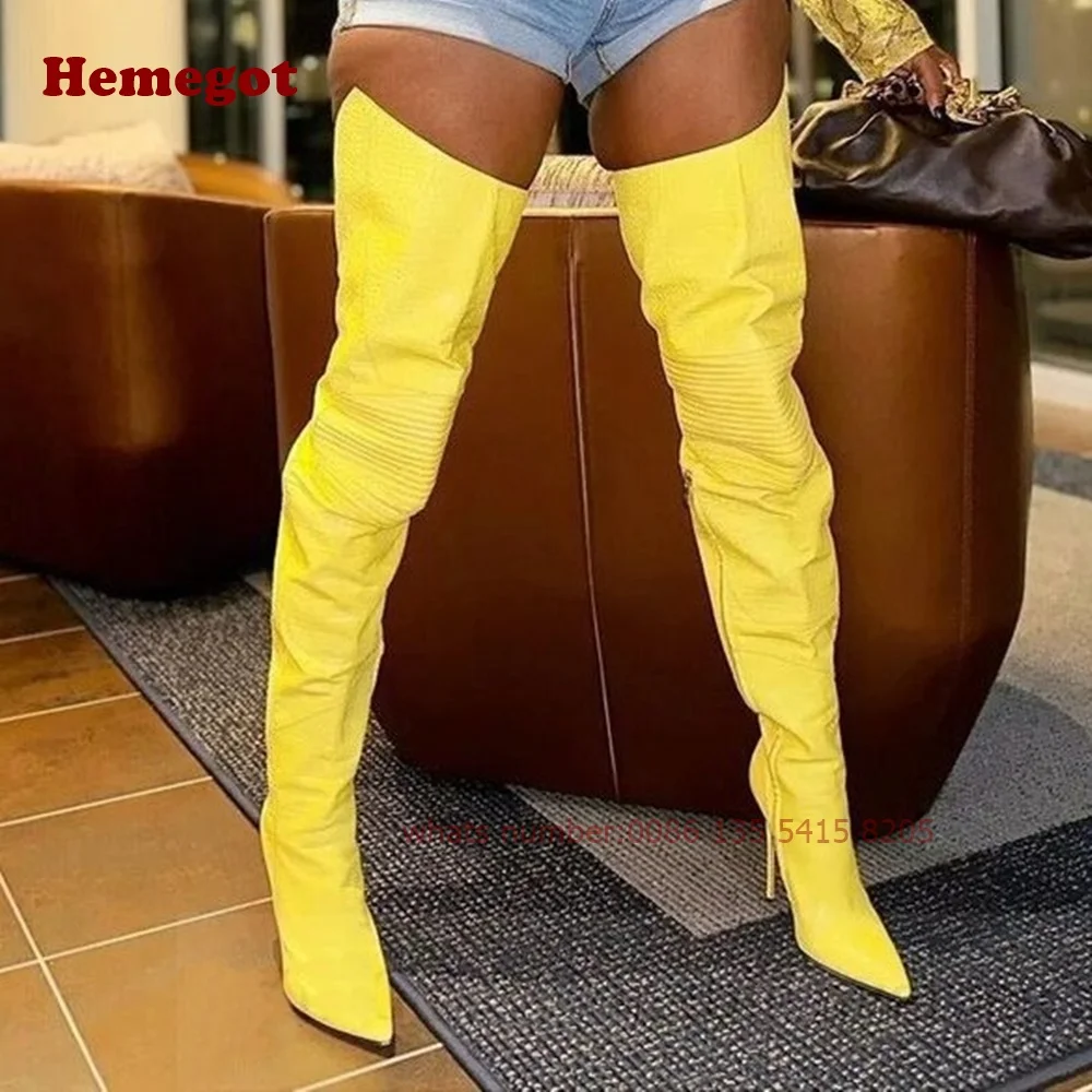 Croc-Pattern Yellow Thigh High Boots Pointy Toe Thin High Heels Side Zipper Women's Long Boots Winter Stiletto Runway Warm Shoes