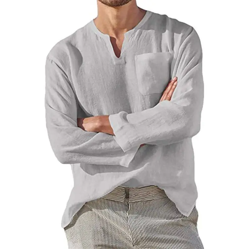 Men's Cotton Linen T-Shirt 2024 Long Sleeve Hippie Casual Style Thickened Fleece Autumn Season  Collar Special Wide Fit