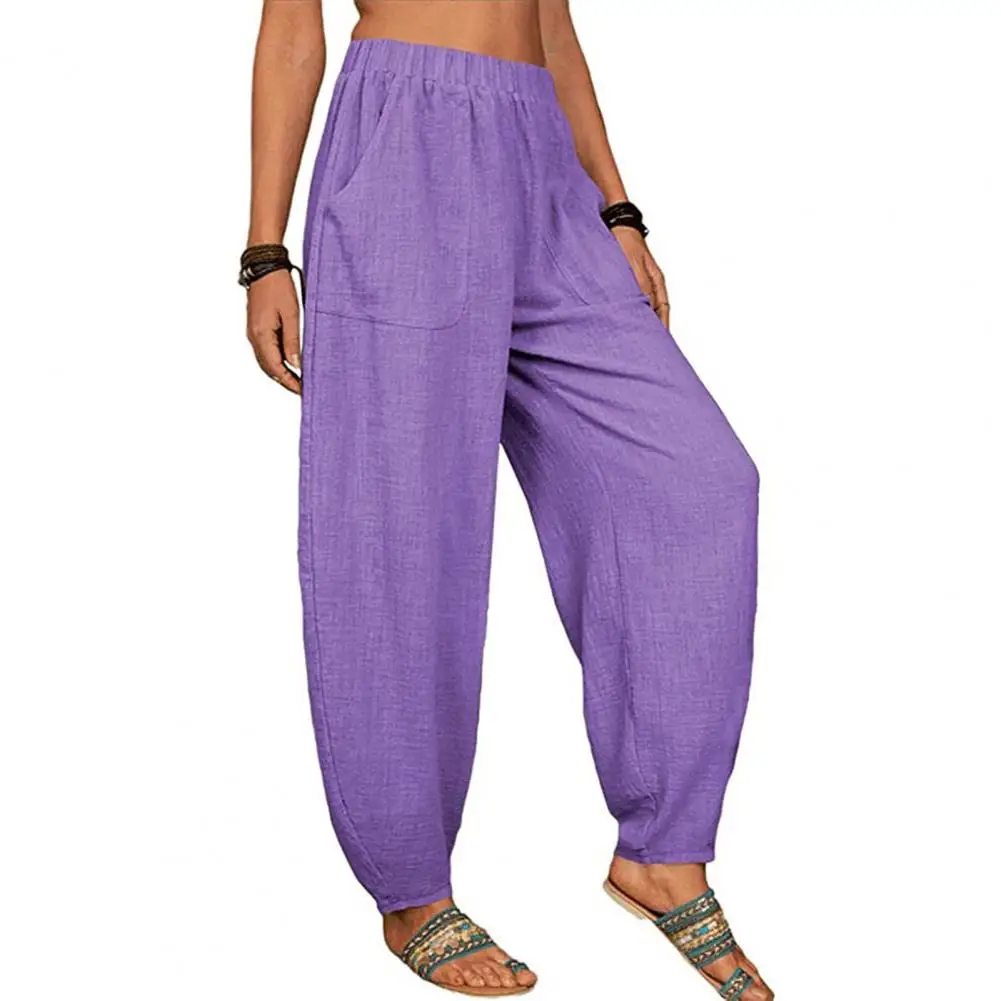 Wide Leg Harem Pants Women Pants Long Trousers High Waist Elastic Loose Fit Wide Leg Trousers Pockets Pure Color Harem Trousers