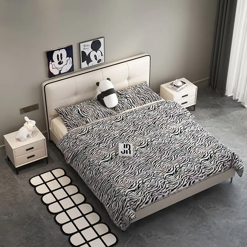 Ultra-thin headboard, Italian minimalism, master bedroom with a spacious, modern, and minimalist double bed