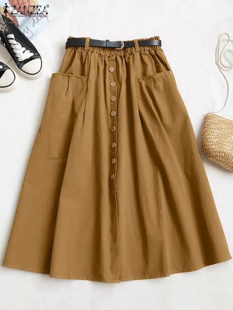 ZANZEA Casual Loose Buttons Faldas Women Umbrella Midi Skirts Fashion Elastic Waist Overskirts 2024 Summer Holiday Pocket Jupes