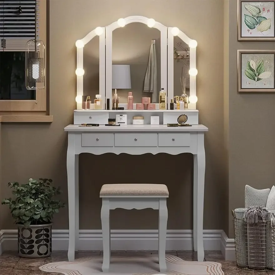 Trucco Vanity con luci, Vanity Desk con specchio illuminato e sgabello, Set da tavolo con 5 cassetti, 3 impostazioni di luce