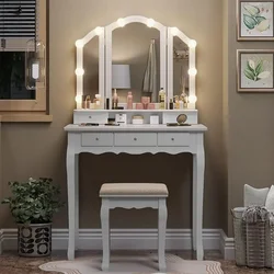 Makeup Vanity with Lights, Vanity Desk with Lighted Mirror and Stool, Table Set with 5 Drawers, 3 Light Settings