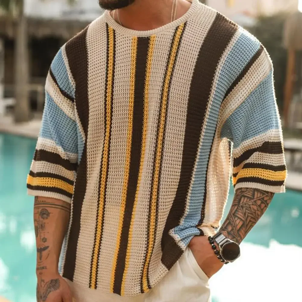 Suéter de malha listrado masculino, ajuste solto, meia manga, elástico, elegante, casual, verão