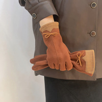 High-sensitivity houndstooth bow design fur velvet lined women's gloves, winter warmth, touchscreen compatible