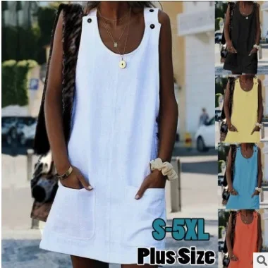 2019 New Summer Pocket Button Cotton Linen Dress Casual Style Sleeveless Cross-Border Wish Ebay Fashion Trend Dress