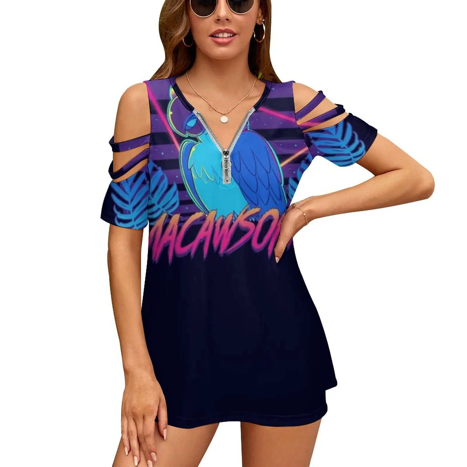 Macawsome New Fashion Zip Off Shoulder Top Short-Sleeve Women Shirt Bird Parrot Tropical Tropic Vacation Summer Paradise 80S