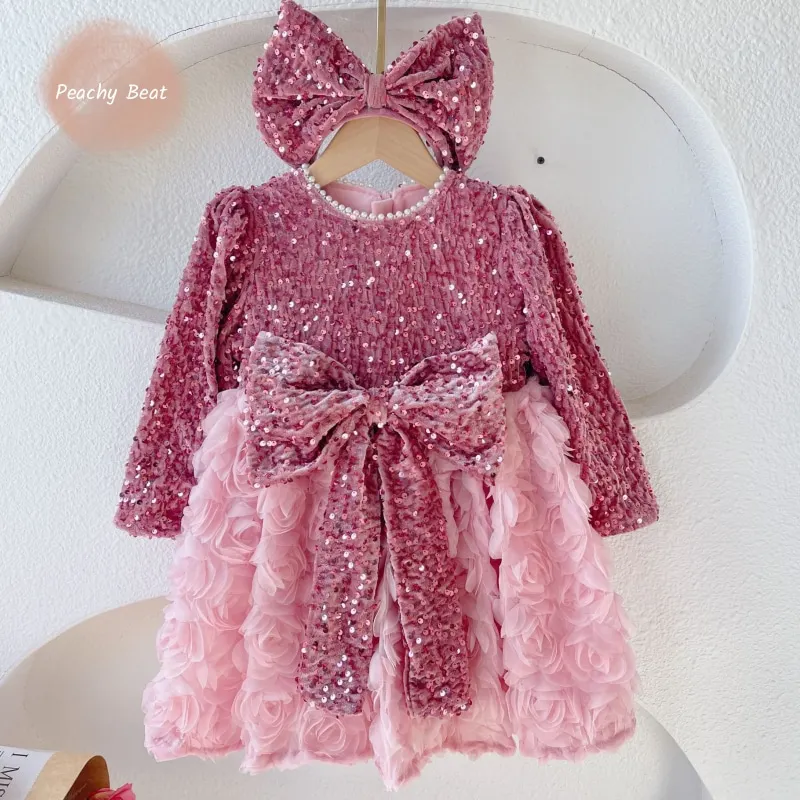 

Baby Girl Princess Floral Sequin Dress Puff Sleeve Toddler Child Bow Pearl Tulle Vestido Set Fleece Inside Baby Clothes 18M-10Y