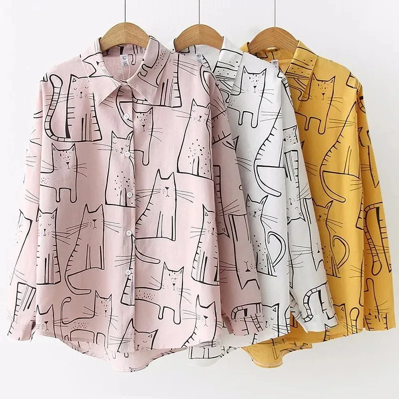 Spring Summer 2024 New Vintage Fashion Women Long Sleeve Shirts Cute Cat Print Shirt Female Loose Casual Blosues Lady Tops 6828