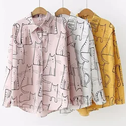 Spring Summer 2024 New Vintage Fashion Women Long Sleeve Shirts Cute Cat Print Shirt Female Loose Casual Blosues Lady Tops 6828